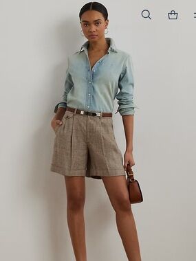 NWT Lauren by Ralph Lauren Glen Check Pleated Linen Twill Shorts